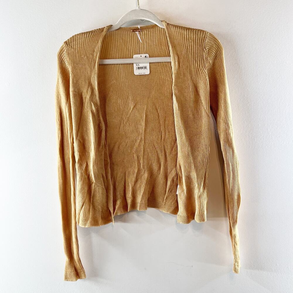 Free People Open Lightweight Knit Cardigan Sweater Metallic Gold Tan XS